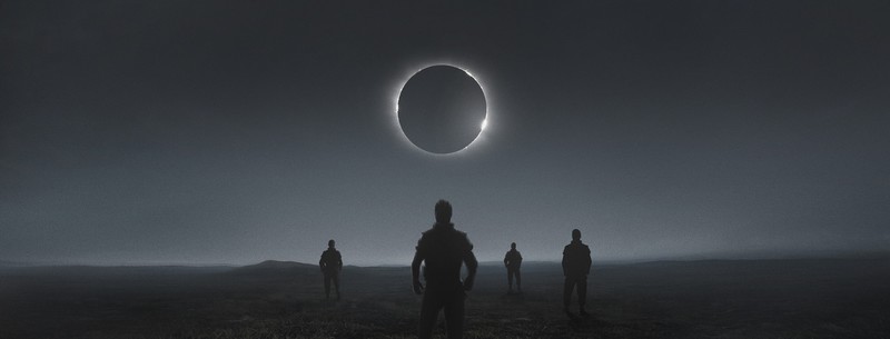 digital art, landscape, eclipse, monochrome