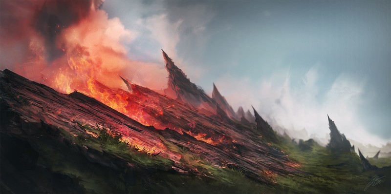 digital art, landscape, fire, red