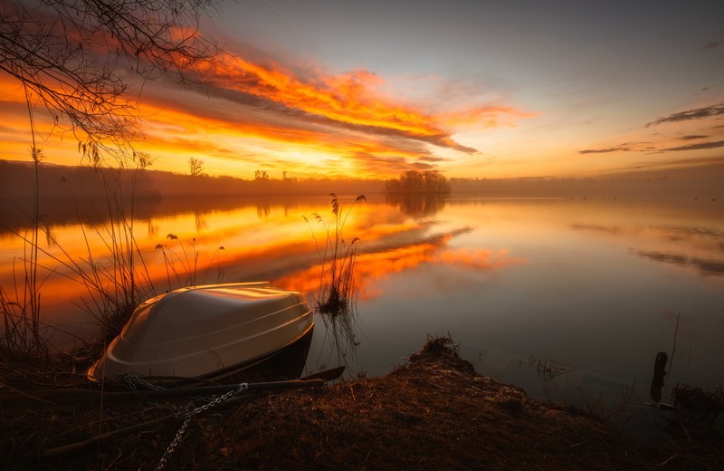 nature, sky, landscape, sunset, lake, orange sky, skyscape
