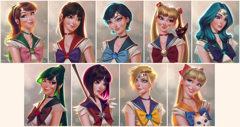 Sailor Moon, women, brunette, blonde, blue hair, green hair, purple hair, white background, cyan hair