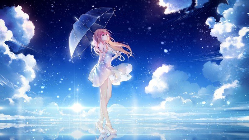 anime, anime girls, blonde, umbrella, white dress, sky, long hair, heels, clouds