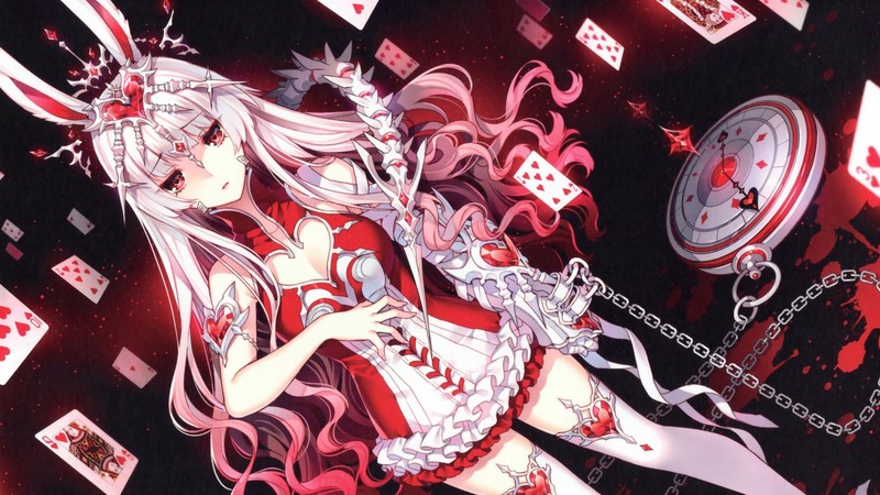 anime, anime girls, bunny ears, white hair, red eyes, long hair, cards, pocket watch, chains, red dress