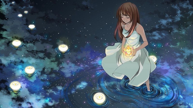 anime, water, anime girls, brunette, dress, candles