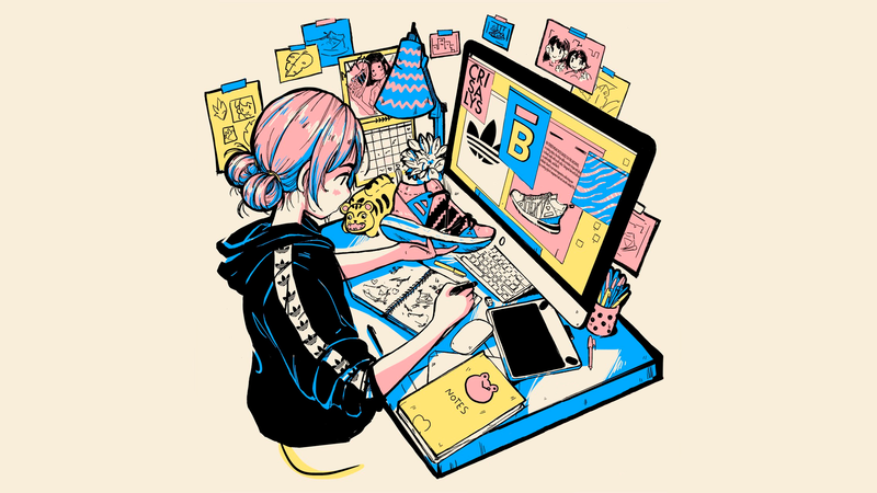 anime, manga, anime girls, computer, Photoshop, simple background, Adidas, sneakers, graphics tablets, imac