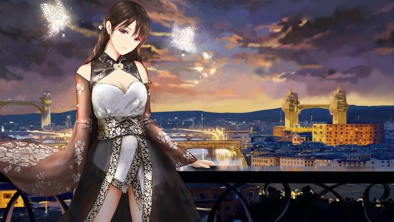 butterfly, city, cleavage, Japanese clothes, long hair