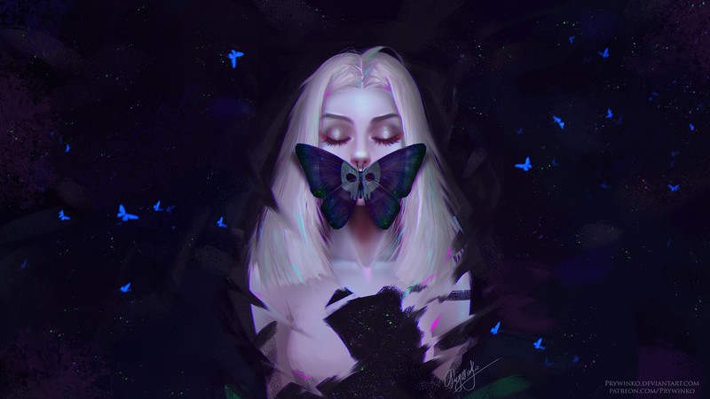 fantasy art, fantasy girl, butterfly, artwork, closed eyes, frontal view