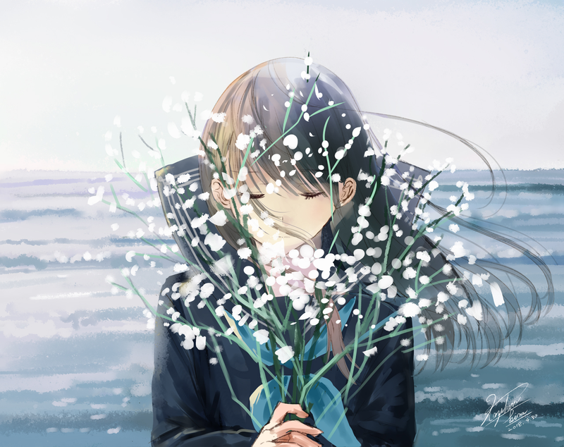 anime, anime girls, closed eyes, flowers, 2018 (Year)