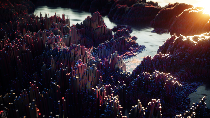 hill, mountain top, sunlight, sunset, river, cubic, Cinema4D, 3D, abstract, mountains