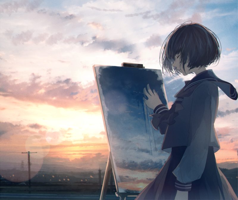 anime, anime girls, closed eyes, dark hair, sky