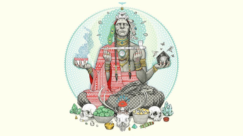 psychedelic, Native Americans, Shaman, spiritual, skull, pipe, frontal view