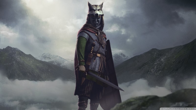 Barbarian, fantasy art, warrior, artwork, mountains, watermarked