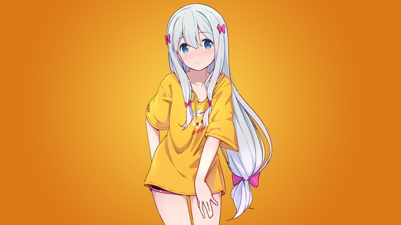 anime, anime girls, white skin, Izumi Sagiri, Eromanga-sensei, white hair, yellow, orange, fan art, blue eyes, casual, loli