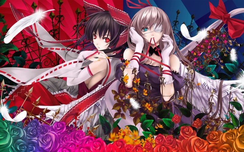 anime, Touhou, Hakurei Reimu, Yakumo Yukari, eyepatches, feathers
