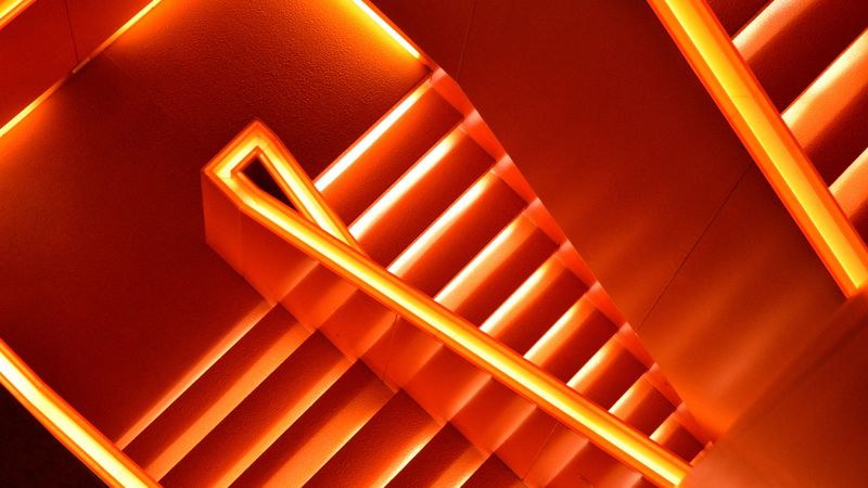 stairs, neon, backlight, glow, architecture, 4k