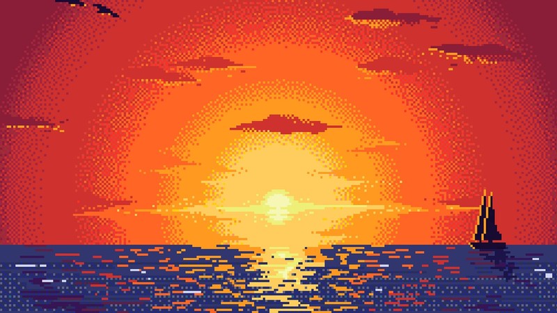 pixel art, digital art, sea, boat, pixels