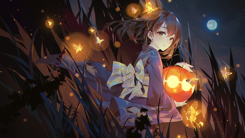 night, yukata, anime girls, brunette, anime