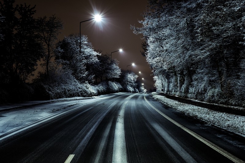 dark, night, lights, road, winter, trees