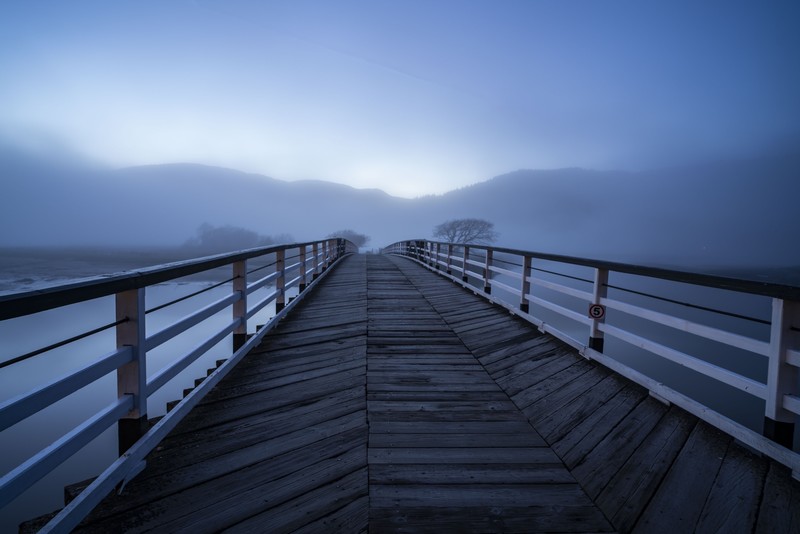 blue, landscape, bridge, mist