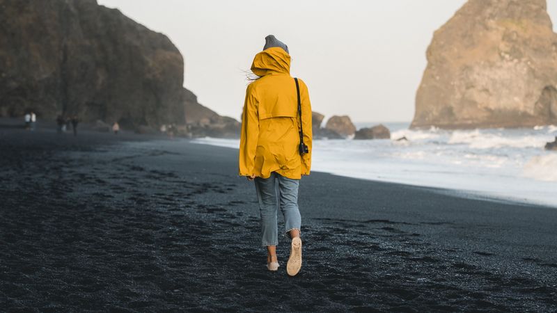 man, beach, sea, sand, rocks, 4k