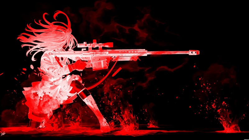 anime, anime girls, sniper rifle, red, long hair, rifles, weapon, Kozaki Yuusuke