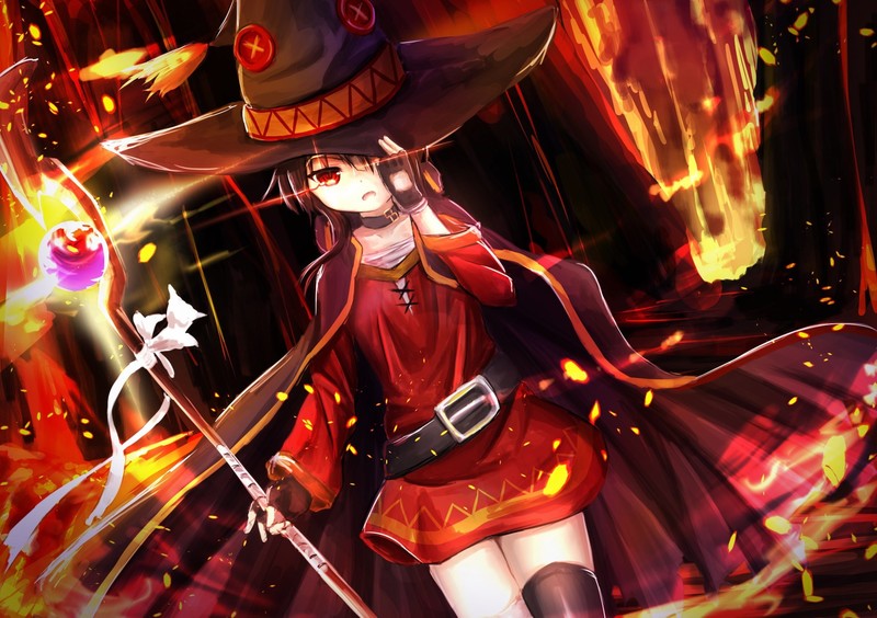 anime, anime girls, white skin, Megumin, Kono Subarashii Sekai ni Shukufuku wo!, red, red eyes, dark hair, fan art, brunette