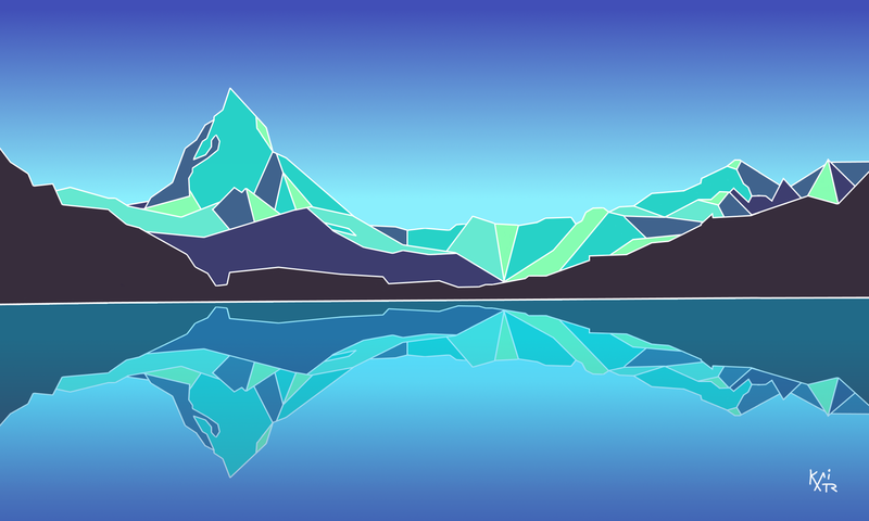 mountains, lake, digital art, cyan, blue