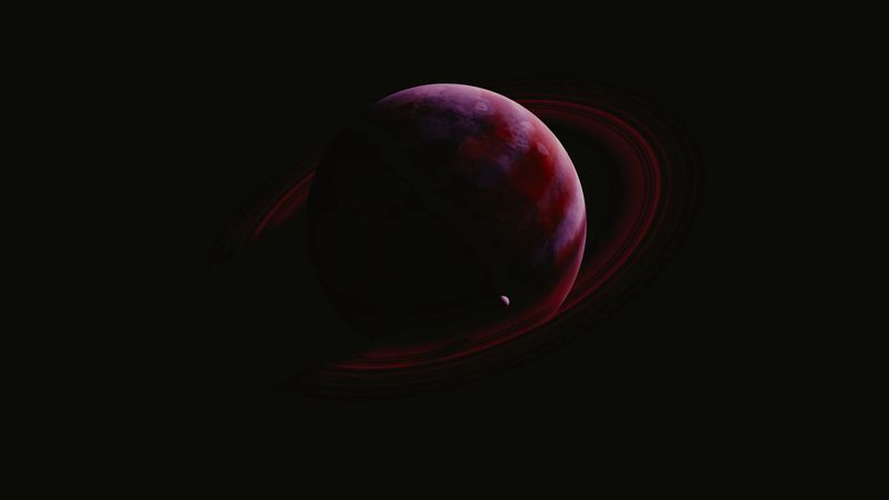 planet, ring, satellite, dark, space, 4k