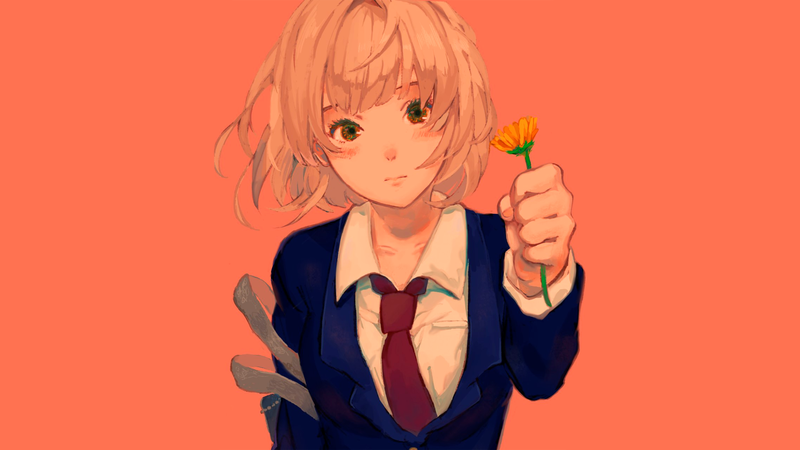 anime, anime girls, manga, blonde, orange, orange background, tie, simple background