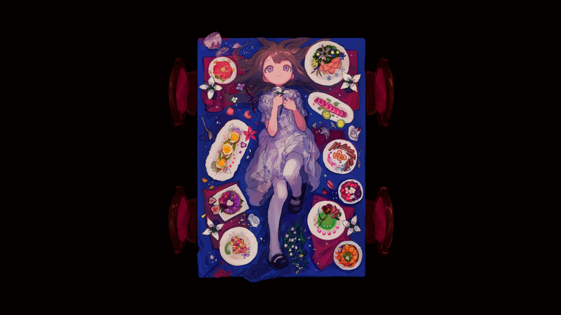 anime, manga, anime girls, simple background, food, anime girls eating, black, black background, sushi, fish