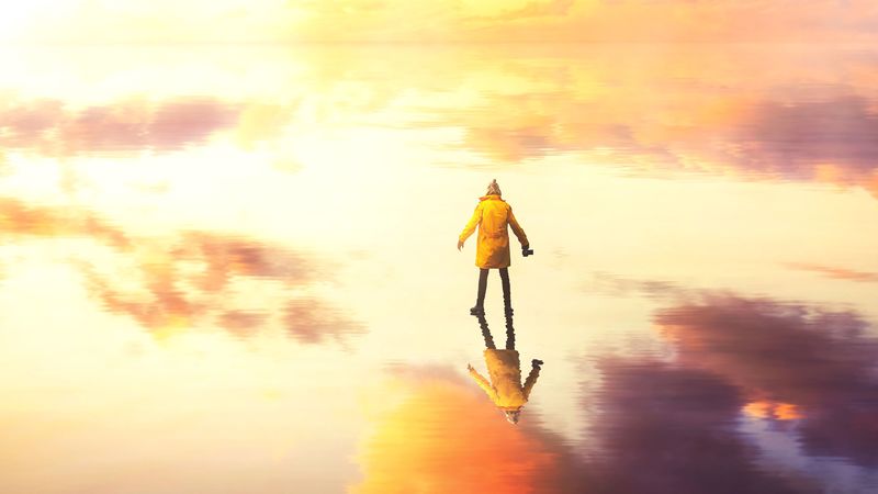 man, water, clouds, reflection, illusion, 4k