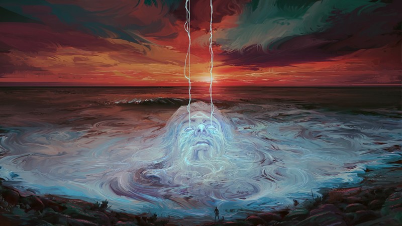 digital art, face, lightning, sunset
