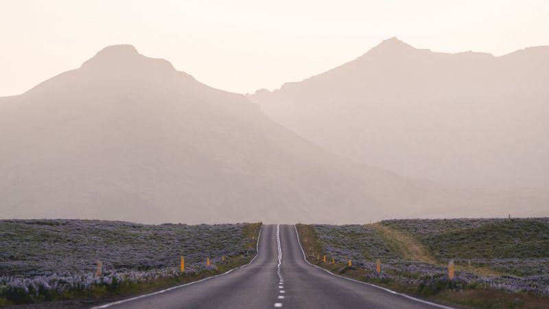 road, mountains, fog, asphalt, highway, 4k