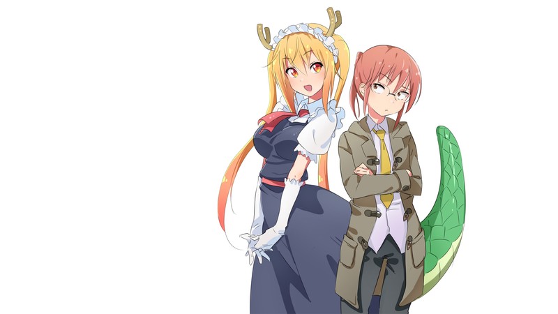 anime, Kobayashi (Kobayashi-san Chi no Maid Dragon), Tohru (Kobayashi-san Chi no Maid Dragon), anime girls, fan art, Kobayashi-san Chi no Maid Dragon, white background, maid, maid outfit, simple