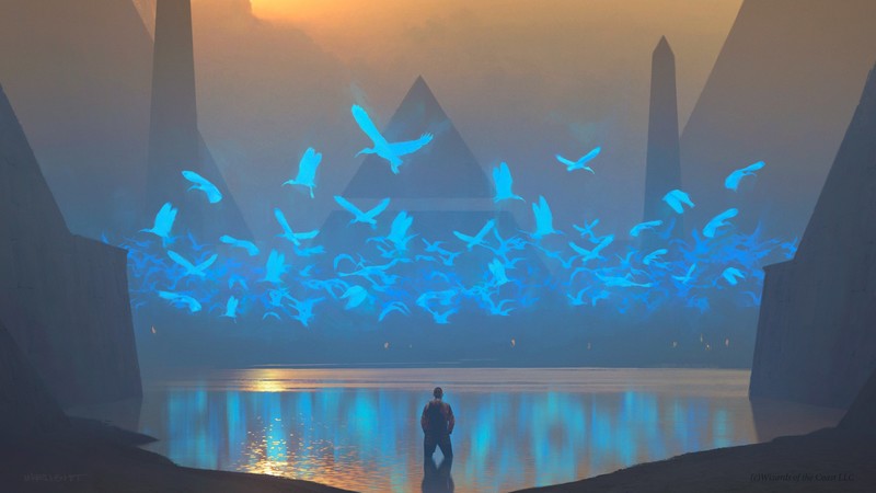 lake, cranes (bird), pyramid, fantasy art, mountains, mist, reflection, Magic: The Gathering, cyan