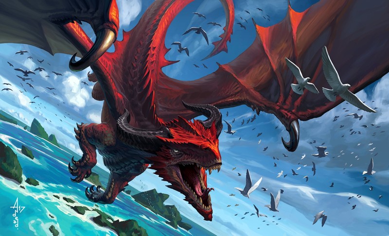 Andrey Maximov, dragon, island, Fly, horns, birds, sea