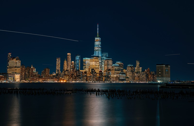 city, water, reflection, lights, New York City, long exposure