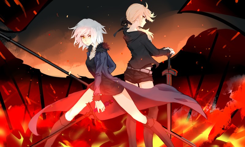 Jeanne (Alter) (Fate/Grand Order), Artoria Pendragon, Avenger (Fate/Grand Order), Saber Alter, Fate Series, Fate/Grand Order, fire, sword, lance, anime girls, white hair, blond hair, yellow eyes, video games