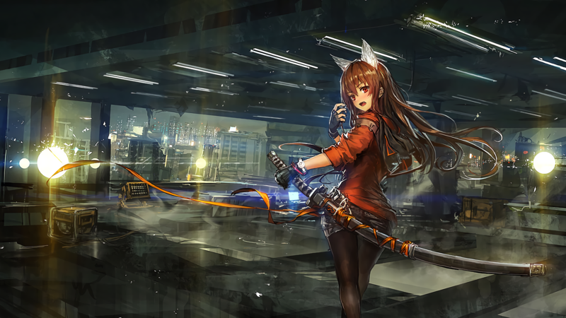 anime, anime girls, katana, brunette