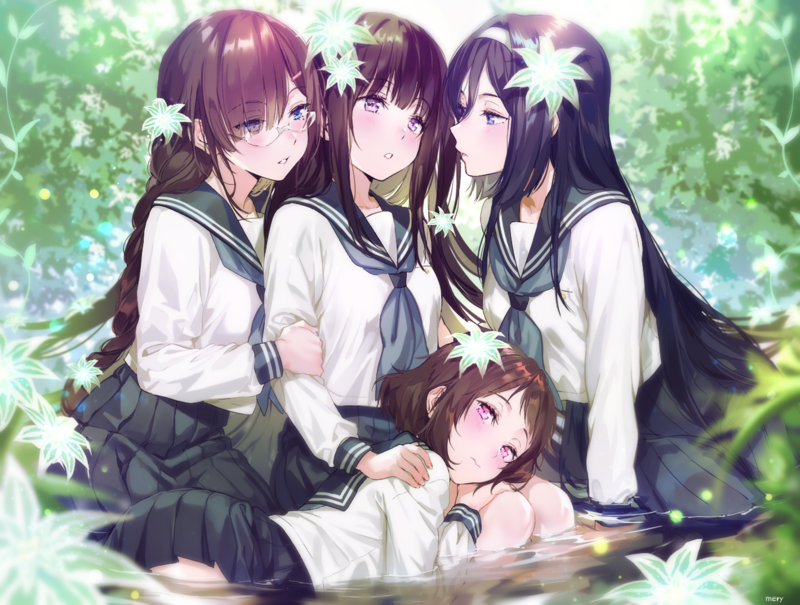 Hyouka, anime girls, Chitanda Eru, Irisu Fuyumi, Ibara Mayaka, school uniform, blushing, yuri, small boobs, women with glasses, violet eyes, heterochromia, pink eyes, long hair, short hair, black hair, brunette, 2D, wet clothing, fan art