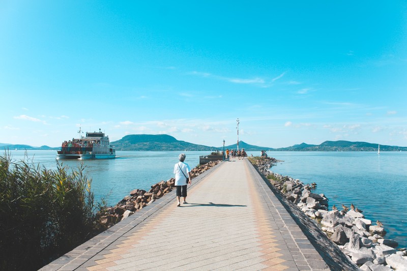 Hungary, Lake Balaton, nature, lake, landscape, mountains, water, summer, ship, pier, cyan