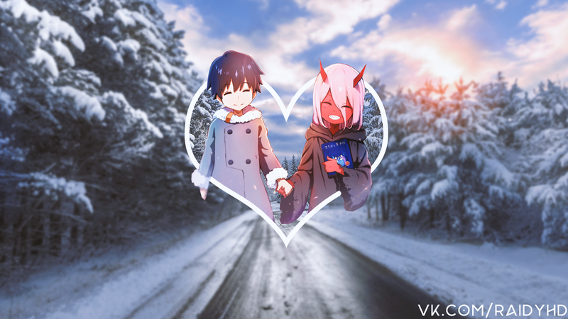 anime girls, anime, Zero Two (Darling in the FranXX), winter, picture-in-picture, Darling in the FranXX