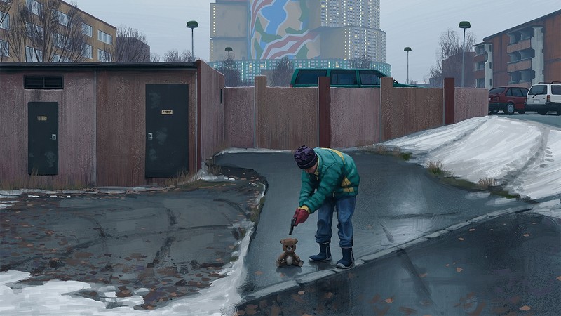 snow, Simon Stålenhag, teddy bears, revolver, gun, car, city, wall