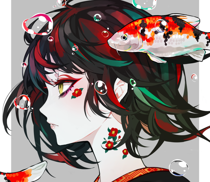 anime, anime girls, colorful, face, fish, green eyes, portrait, profile
