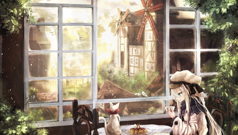 anime, anime girls, window, cats, fantasy city, hat, cup, windmill