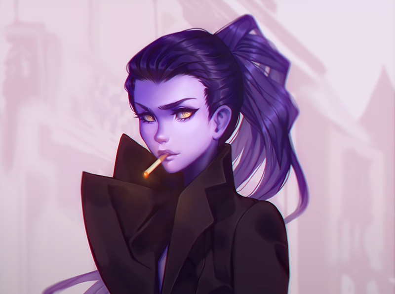 Amélie Lacroix, Widowmaker (Overwatch), Overwatch, cigarettes, purple skin, purple hair, yellow eyes, video games, video game girls, ponytail, video game characters, smoking
