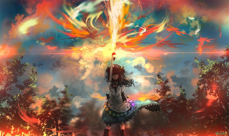 anime, anime girls, fire, fantasy art