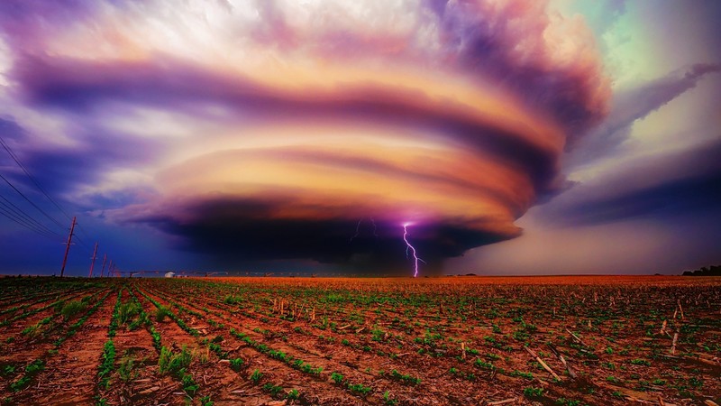 storm, field, lightning