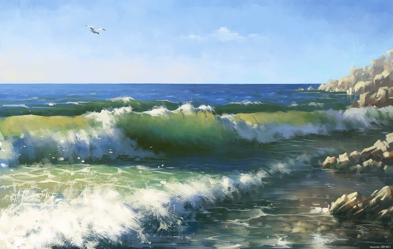 Alexander Zienko, sea, water, rocks, painting