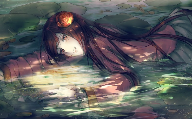 anime, anime girls, flower in hair, dark hair, water, outdoors, long hair