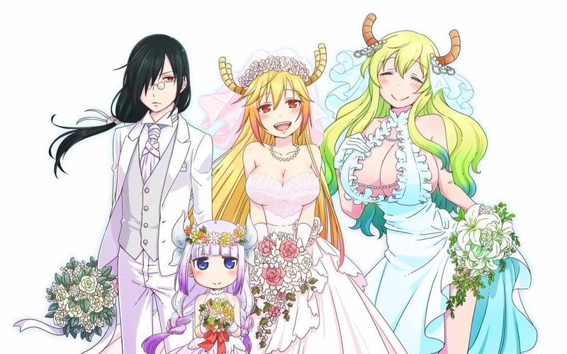 anime, anime girls, anime boys, Kobayashi-san Chi no Maid Dragon, Fafnir (Kobayashi-san Chi no Maid Dragon), Tohru (Kobayashi-san Chi no Maid Dragon), Lucoa (Kobayashi-san Chi no Maid Dragon), Kanna Kamui (Kobayashi-san Chi no Maid Dragon), white background, fan art, white, white dress